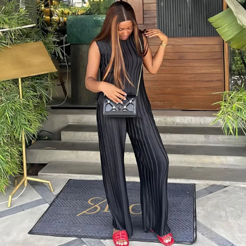 Maxy 2 Piece Sets Women Outfit Elegant Pleated Sleeveless Slim Top and Wide Leg Pants Set Chic Womens Clothing