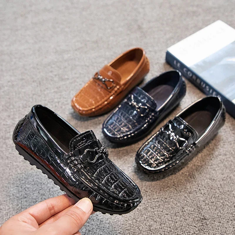Visco Boys Leather Shoes Round-toe Flat Soft Kids Fashion Casual Loafers Glossy Metal Buckle Children Moccasins Non-slip Britain Style
