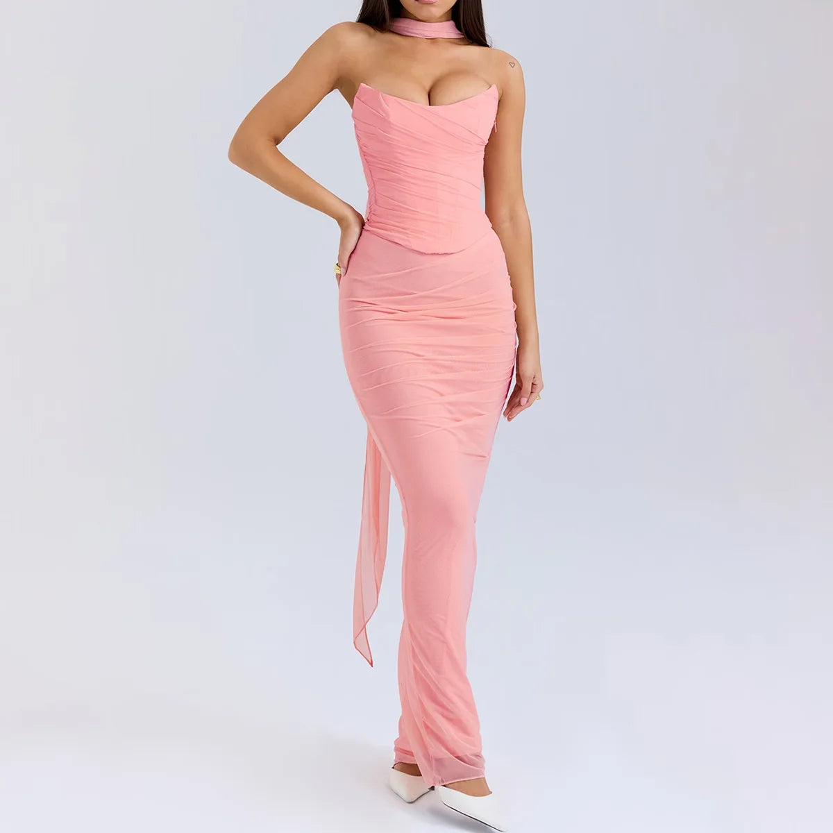 Maxy Summer Sexy Two-Piece Set Women 2024 New Arrivals Pink Strapless Corset Top and Maxi Skirt Elegant Mesh Dress