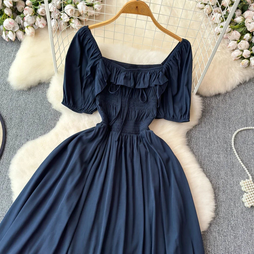 Babs Chic Elegant Square Collar Macy Dress Women Solid Short Puff Sleeve Dresses 2024 Korean Fashion Vintage Ruffle Vestidos