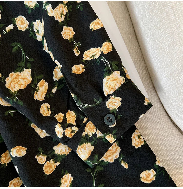 Momsey150Kg Plus size Women's Bust 150 Spring Autumn New Loose Long-Sleeved Lapel Floral Shirt-Dress Black 5XL 6XL 7XL 8XL 9XL