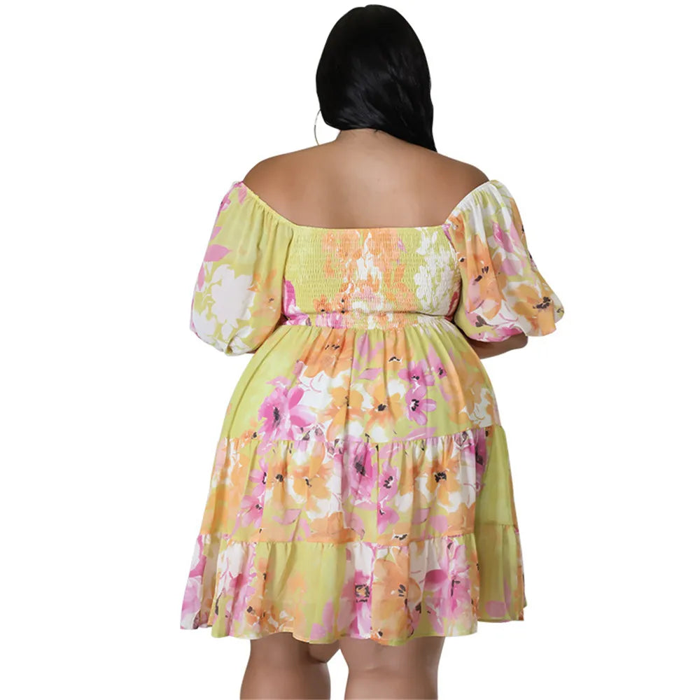 Maxy Plus Size Summer Dresses Women's Clothing Flower Printed One Shoulder Elegant Mini Dress Hot Sale