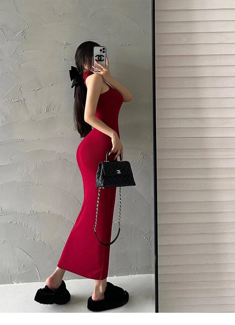 Maxy Red Fashion Sexy Turtleneck Midi Dress Women Party Club Ladies Bodycon Elastic Peach Hip Elegant Long Dresses for Woman