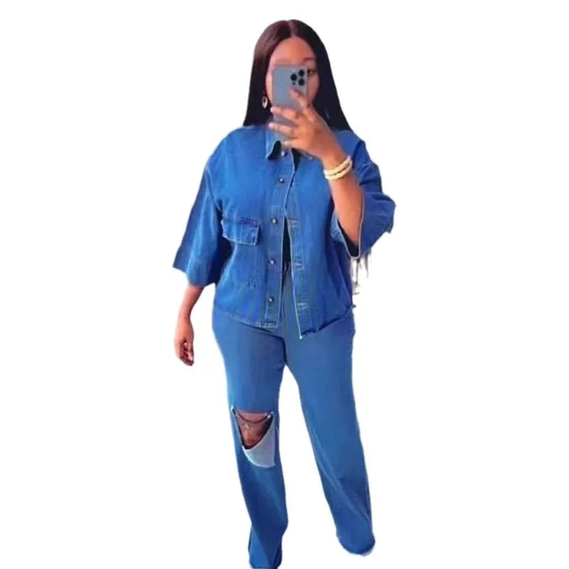 Maxy Denim Pant Set Women Two Piece Sets Turn Down Collar Matching Sets Single Breasted Shirt Tops Wide Leg Long Pants High Waist