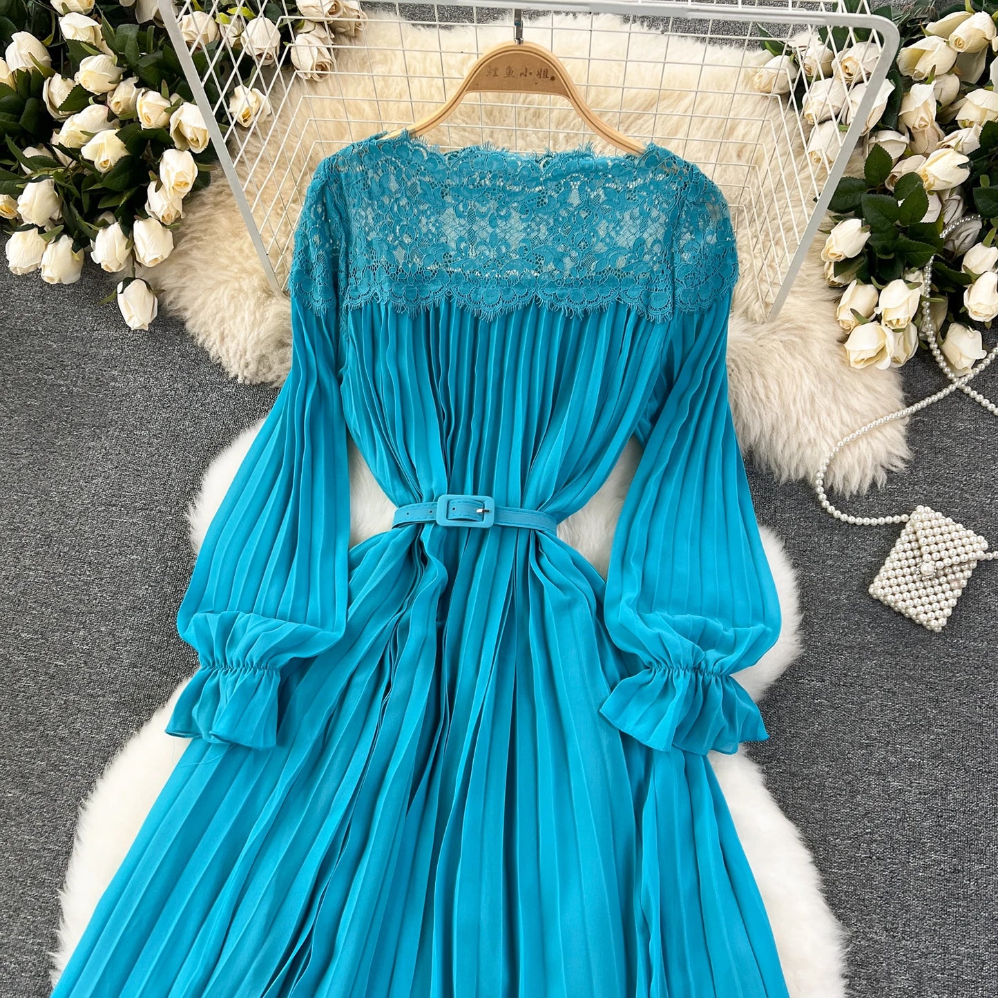 Spring Summer Women Hollow Out Lace Patchwork Pleated Long Dress Vintage Red/Blue/Purple Draped Maxi Vestidos Female Robe New