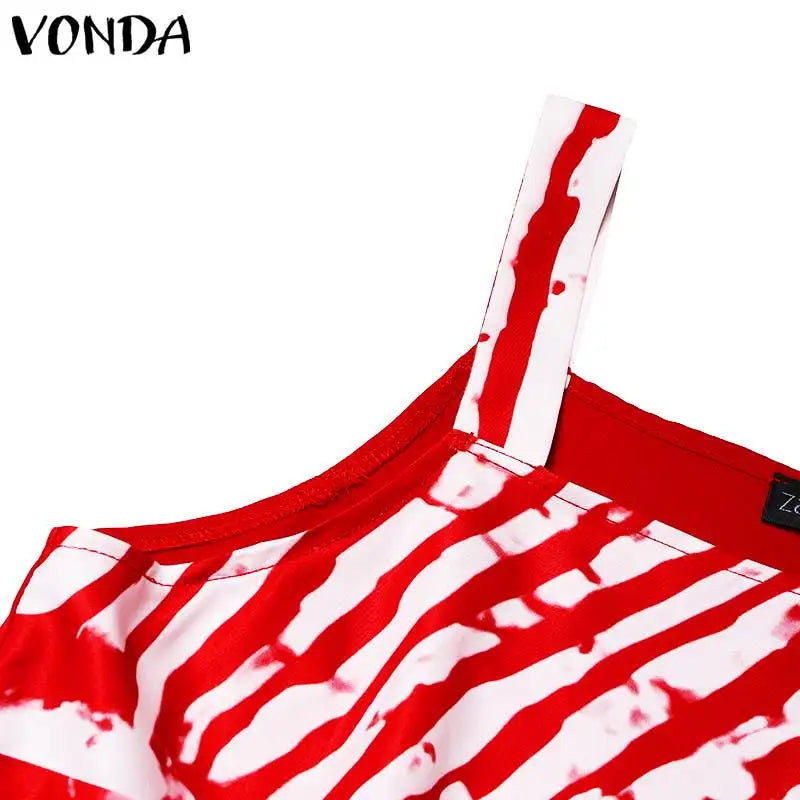 Maxy Plus Size 5XL VONDA Bohemian Printed Maxy Dress Summer Sleeveless Party Beach Sundress Tank Long Casual Loose Robe