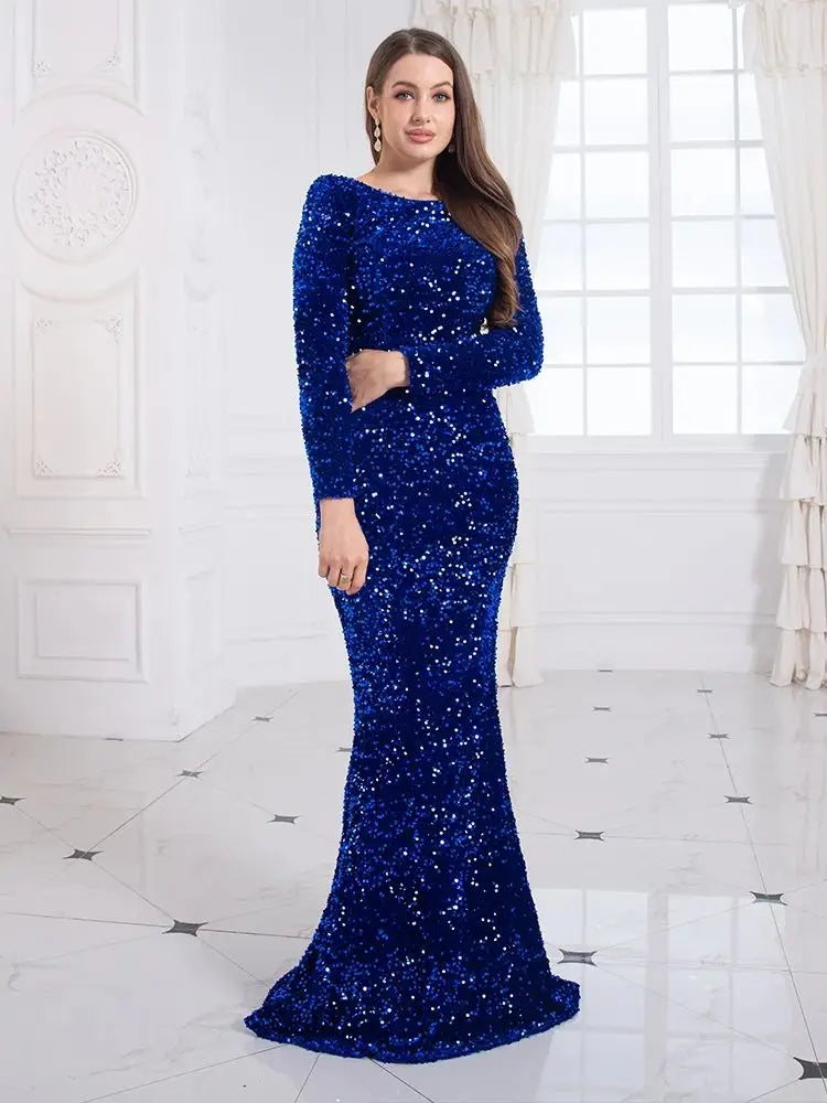 Maxy Romaic Women Royal Blue Formal Evening Party Dress Elegant Long Sleeve Stretch Velvet Sequin Mermaid Wedding Gown Dresses