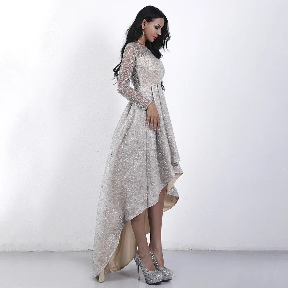 Macy Gorgeous Elegant Perspective Long Sleeve Crewneck Lace Sequins Party Dinner Wedding Lady Small Tail Dress