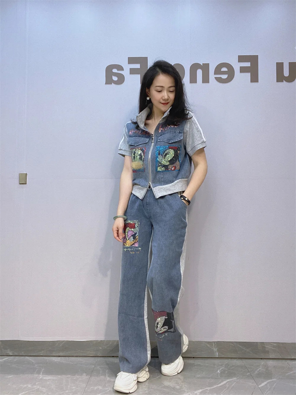 Maxy Short Zipper Cardigan and Pant Two-piece Sets Women Summer Fashion Sportswear Short Sleeve Top Long Pants Hot Diamond Denim Suit