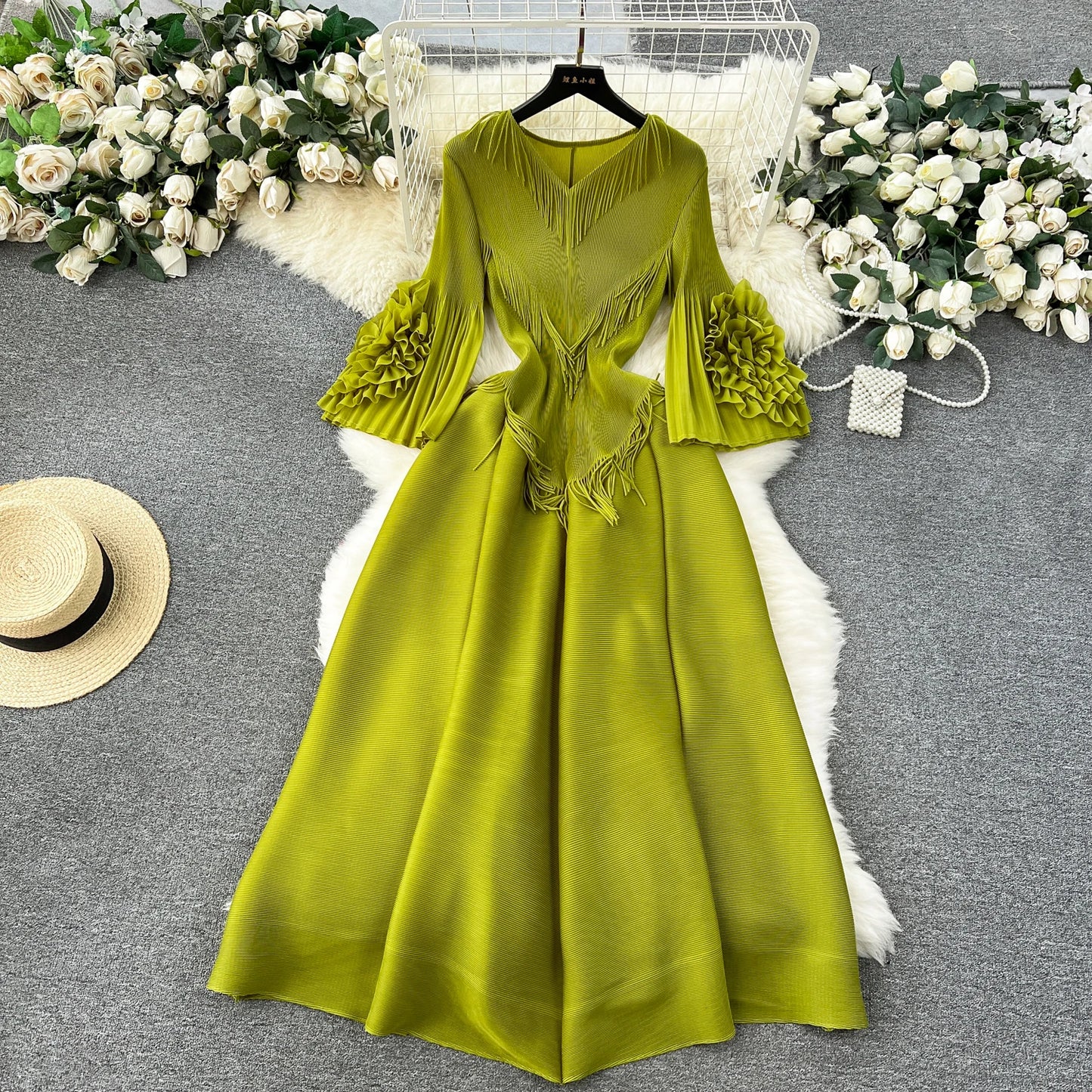 Vintage Elegant V-neck Flare Sleeve tassels pleated Dress A-line Fashion Beach Spring Summer Vestidos Women  Dresses