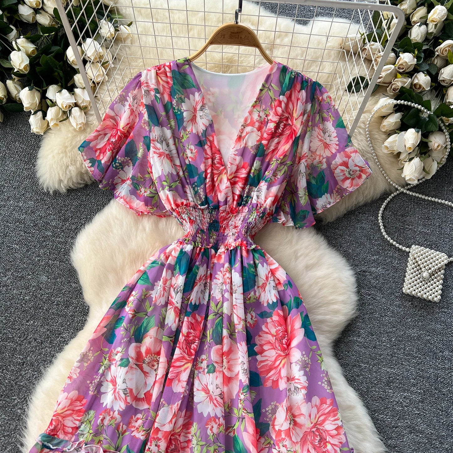 Maxy v neck Butterfly sleeve print elegant summer Dress A-line Flare Sleeve Vacation print Women dresses