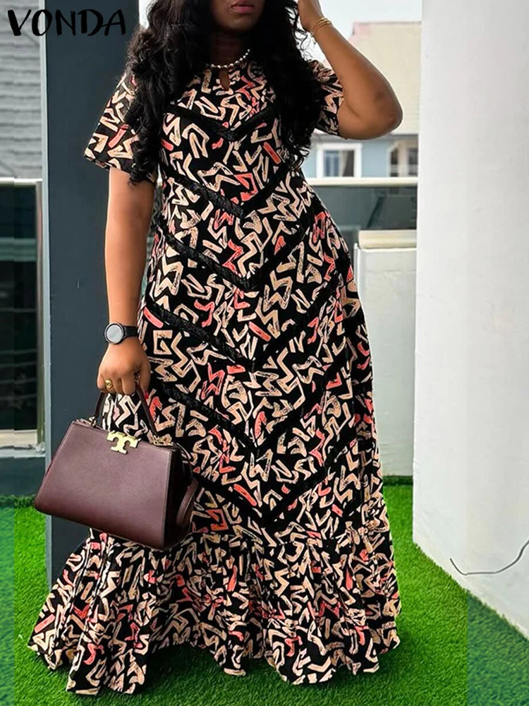 Maxy Summer Vintage Bohemian Dress Women Short Sleeve Printed Party Vestidos Casual Ruffled Long Robe V-Neck Vestidos