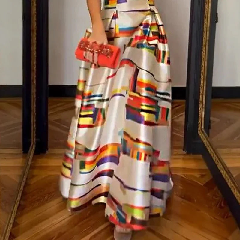 Maxy Elegant Printed O-Neck Evening Dress Sexy Hollow Sleeveless Waist Tank Dress New Casual Pleated Office Long Dress