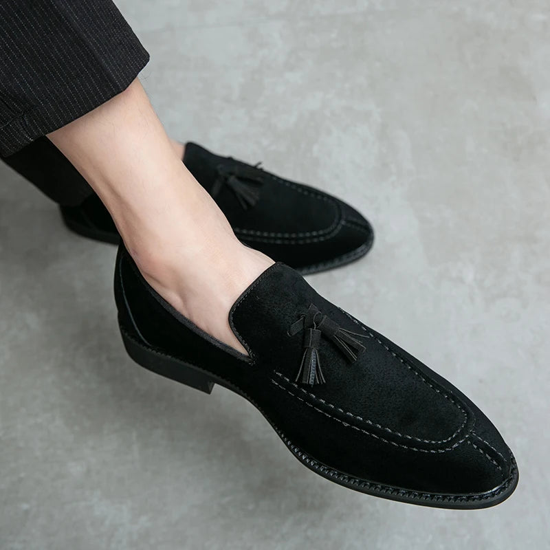 Visco Men's Loafers Brand Suede Leather Shoes Vintage Slip-on Classic Casual Men Driving Shoes Wedding Male Dress Shoes Tassel pointed