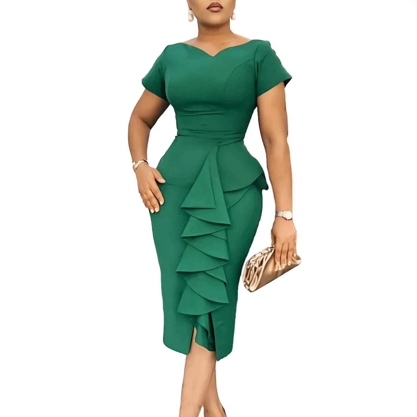 Babs Elegant Dresses for Women Summer Short Sleeve V-neck Polyester Bodycon Dress Gowns Outfits Africa Clothing
