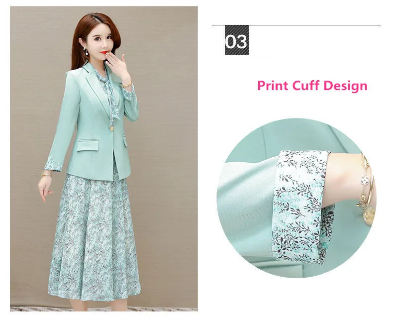 Korean Babs Elegant Suit Jacket Dress Set Women's Autumn New Fashion Blazer Coat Chiffon Floral Dresses Two Piece Female Clothing