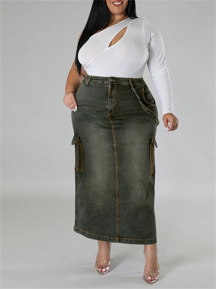 Maxy Plus Size Only Skirts Women's Clothing Denim Maxi Pockets Sexy Medium Stretch Long New