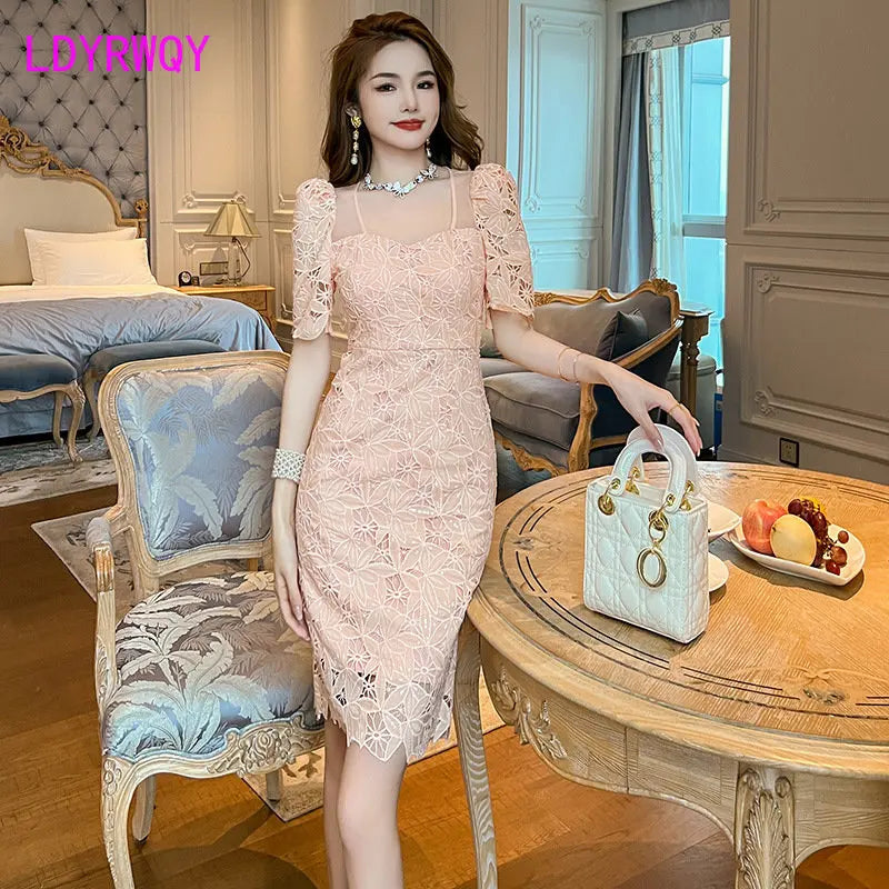 Summer 2024 Maxy new square collar water-soluble lace slim dress small children