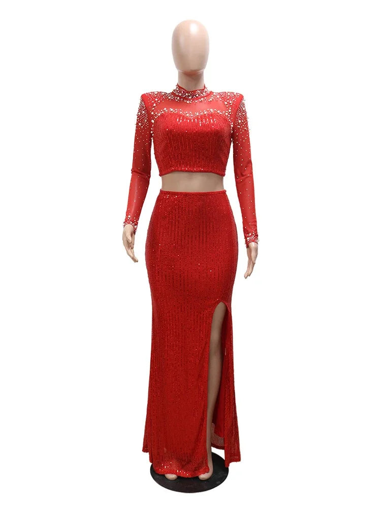 Macy Luxury Sequins Women 2 Piece Set Glitter Diamonds Cropped Tops High Slit Pencil Bodycon Skirts  Evening Party Dinner Suits.