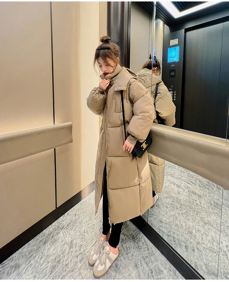 Maxy Thicken Long Coat Women Winter Turtleneck Long Sleeve Loose Midi Female Jacket Fashion Street Zipper Solid Lady Parka Coats
