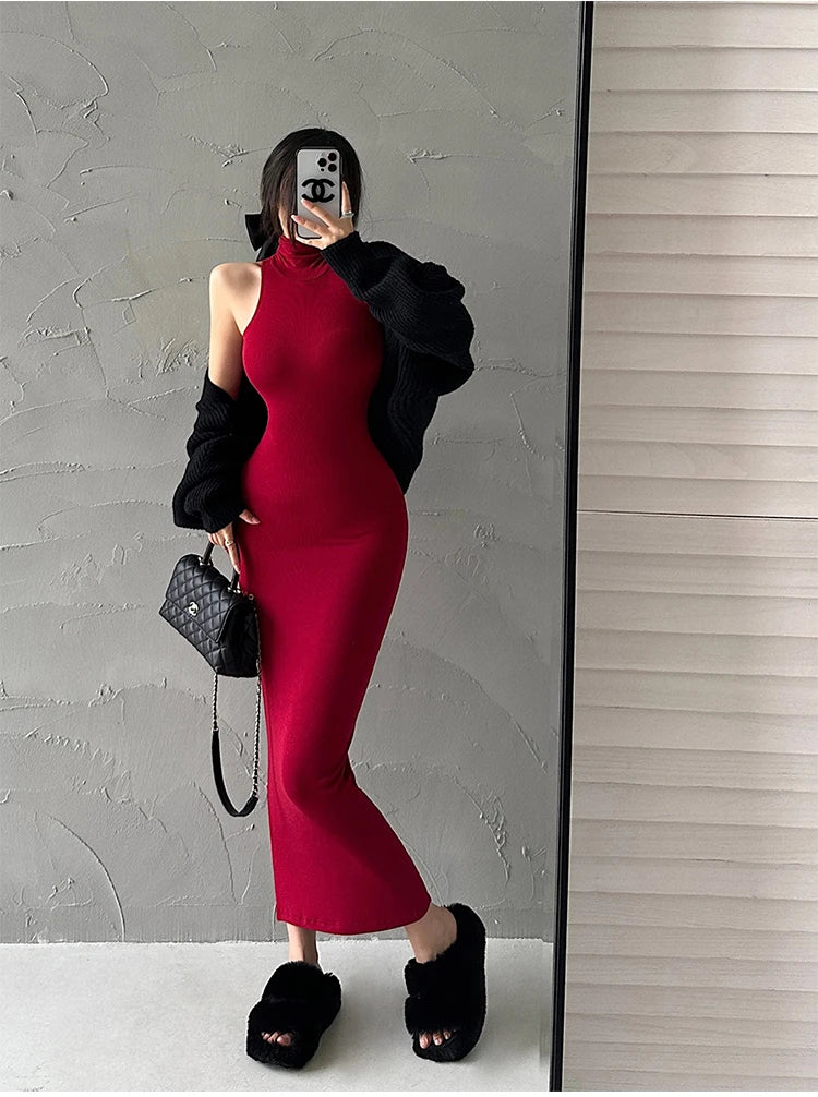 Maxy Red Fashion Sexy Turtleneck Midi Dress Women Party Club Ladies Bodycon Elastic Peach Hip Elegant Long Dresses for Woman