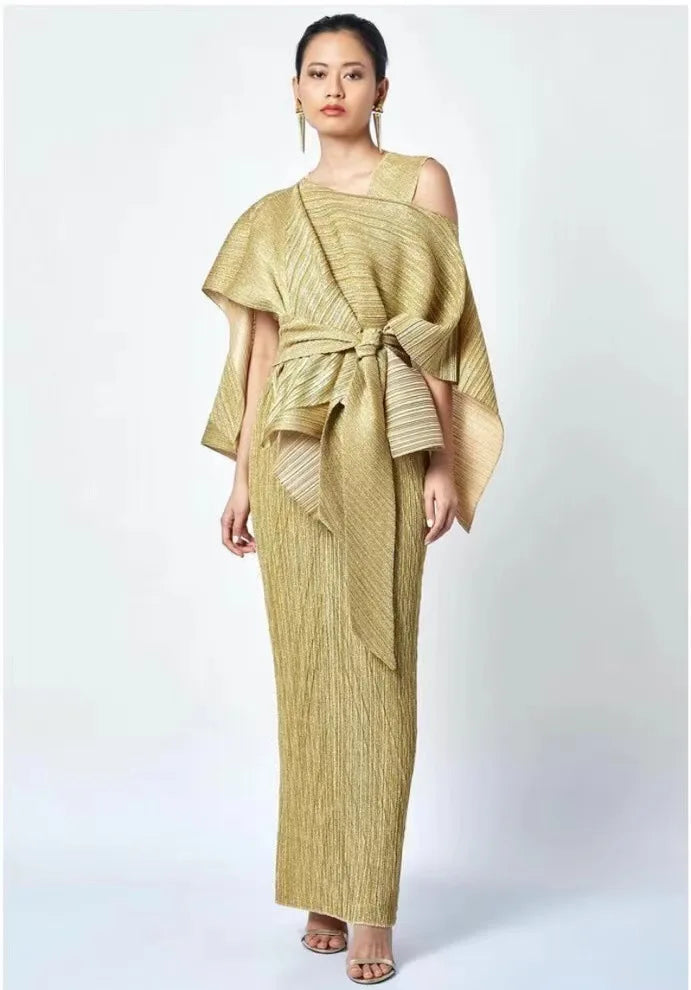 Maxy Women's yellow lace-up cloak + sleeveless dress Pleated Fashion plus-size elegant evening dresses