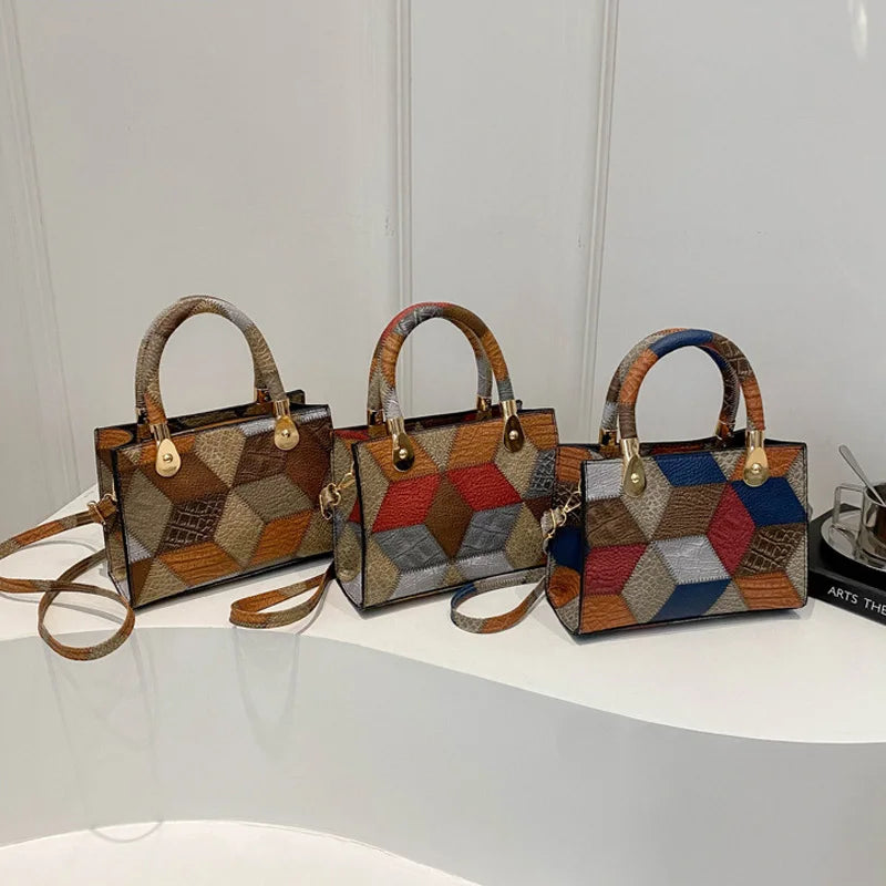 Maxy Fashion Patchwork Leather PU Top-handle Bags For Women, Square Design Ladies Handbags Crossbody Shoulder Bags For Daily Used