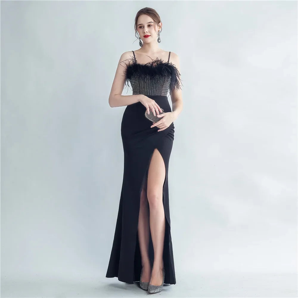 Babs Sequin Sexy Bust Beading With Feather Spaghetti Strap Slit Long Mermaid Party Night Dresses