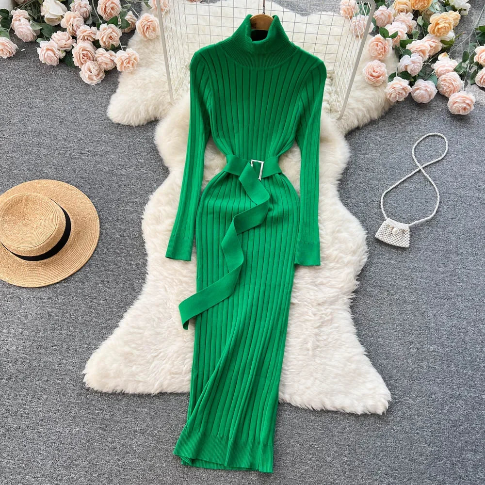 Babs Green Winter Turtleneck Sexy Women Dress Autumn Long Sleeve Skinny Macy  Bodycon Casual Sweater With Belt Party Club