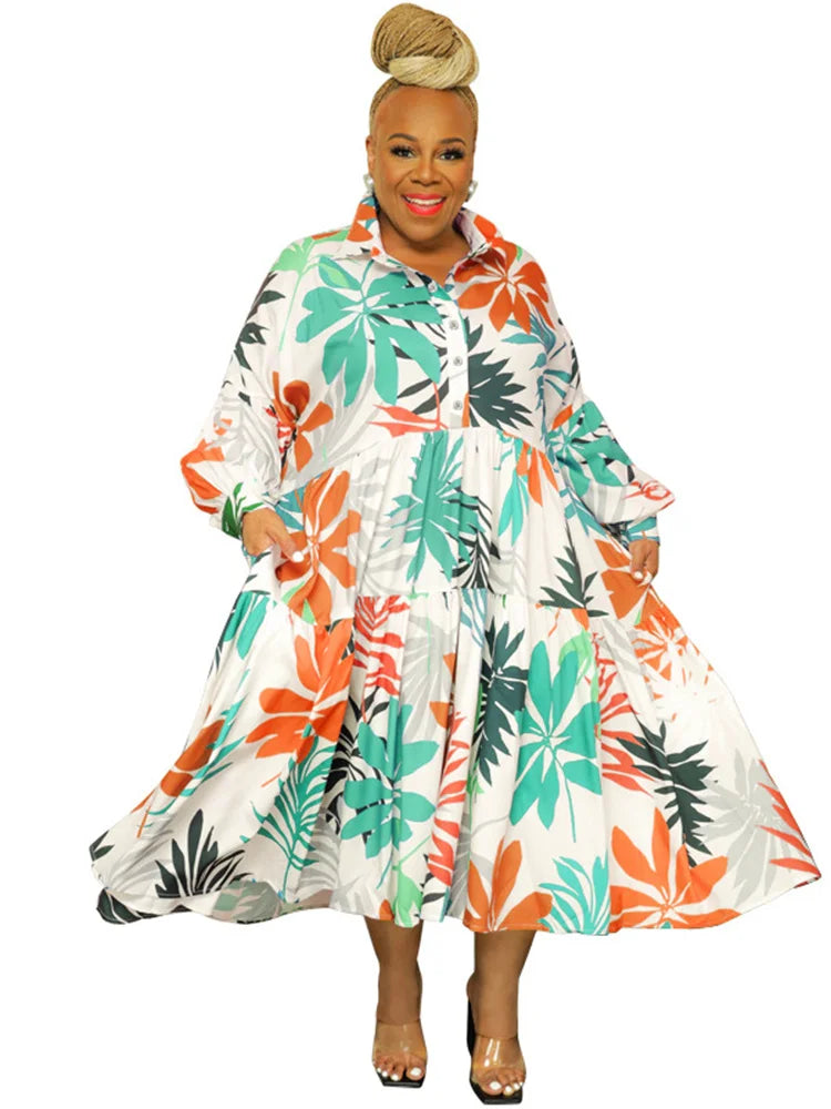 Maxy Plus Size Women Clothing Dresses Xl-5xl Flower Printed Long Sleeve Shirts Elegant Dress.