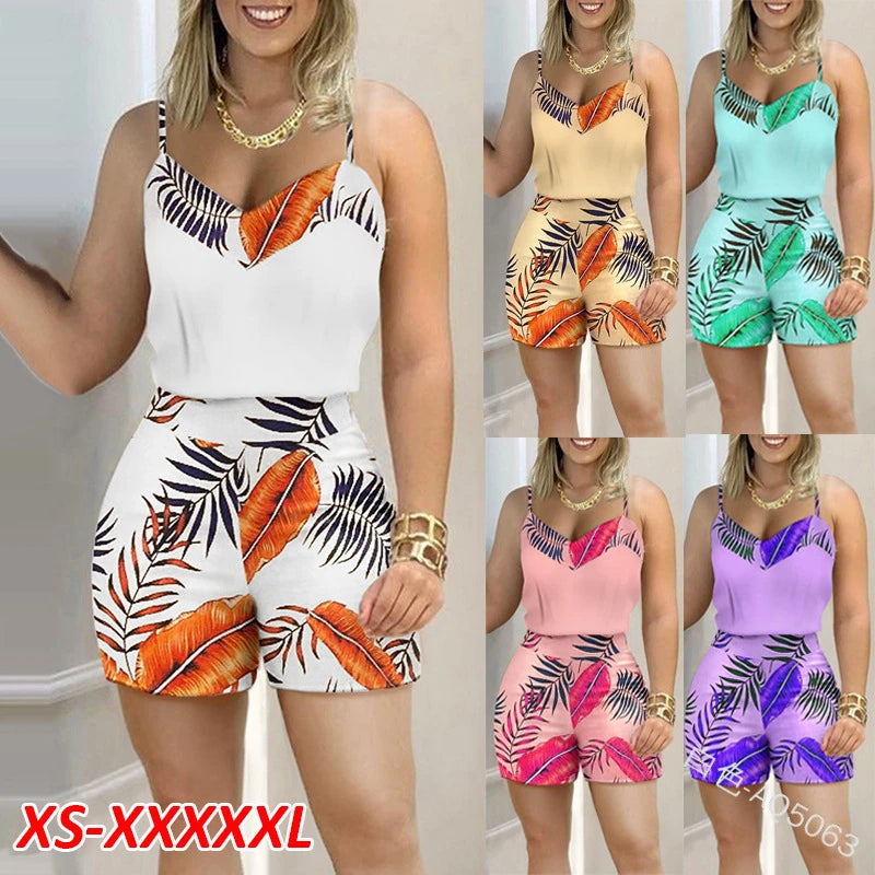 Two Pieces Suit Women's 2022 Summer Holiday Sleeveless Floral Print Top Pants Set Loungewear Shorts Casual Outfits With Belt