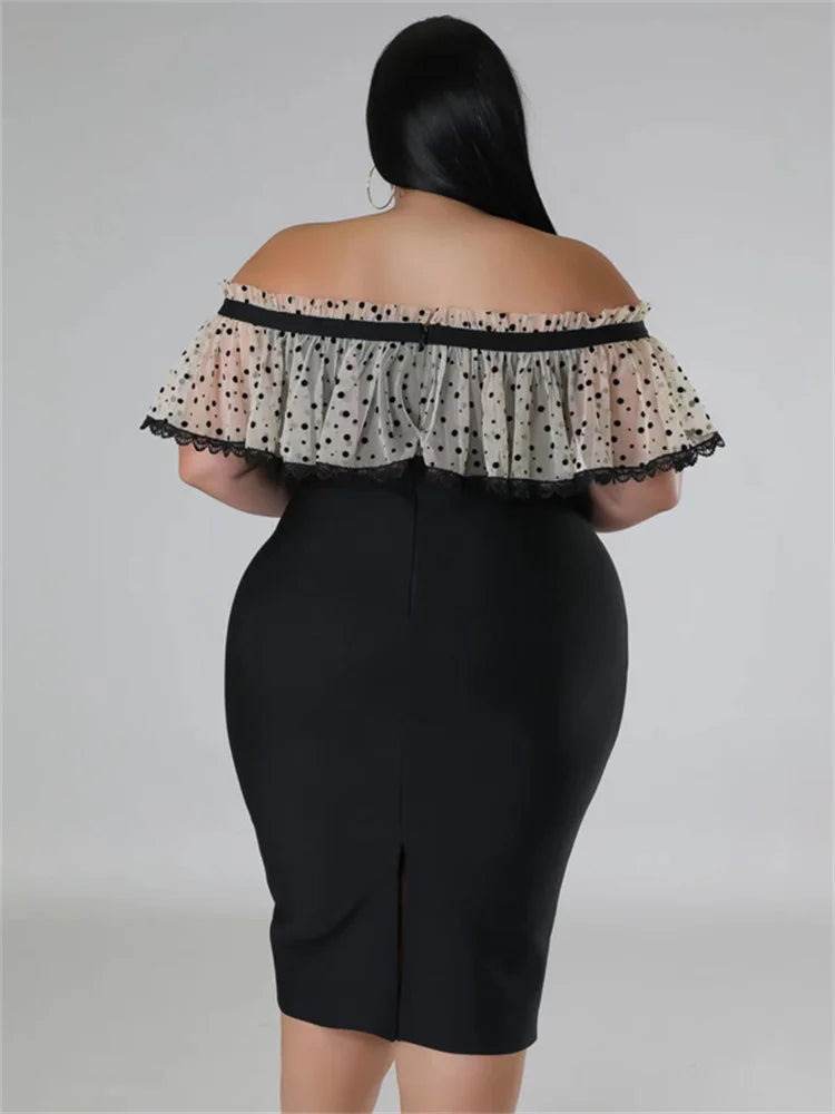 Maxy Plus Size Party Dress Women Clothing Solid Mesh Patchwork Off Shoulder Dress Fashion Outfits