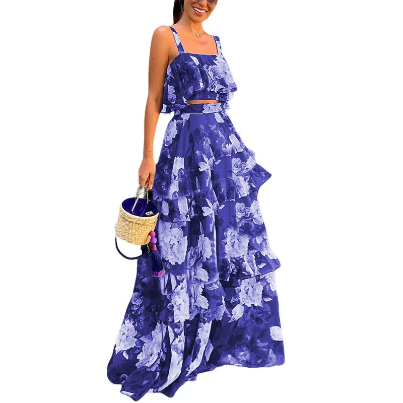 Maxy 2 Piece Set Women Stylish Floral Elegant Printed Sleeveless Short Top+Loose High Waist Pleated Long Skirt Sets