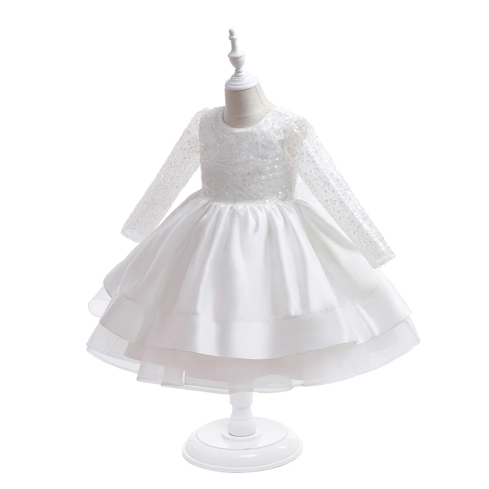 Maxy Princess Long Sleeve Sequin White Wedding Girls Party Dresses Formal Bow Birthday Princess Dress for Girl Baptism Bridesmaid Kids Clothes