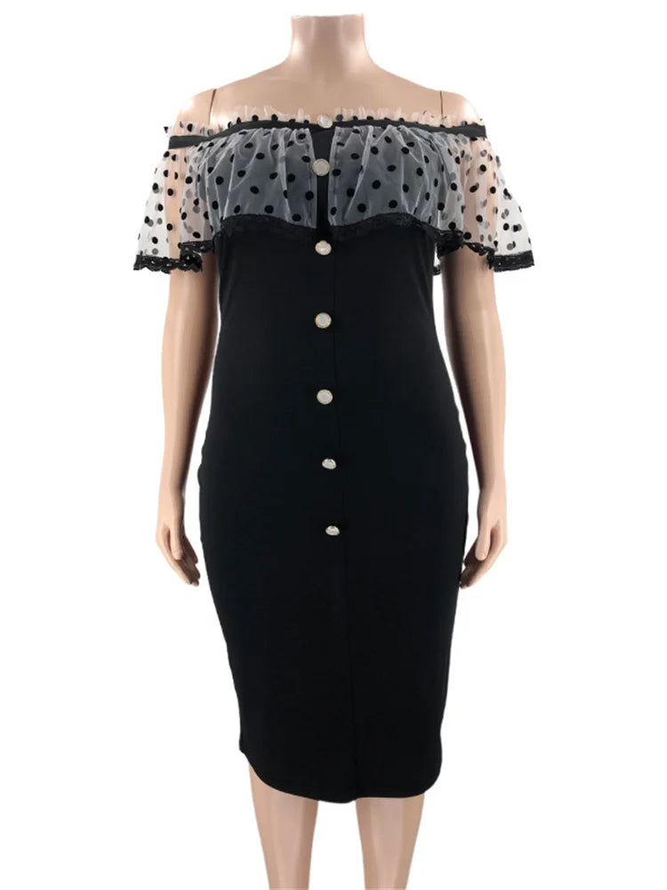 Maxy Plus Size Party Dress Women Clothing Solid Mesh Patchwork Off Shoulder Dress Fashion Outfits