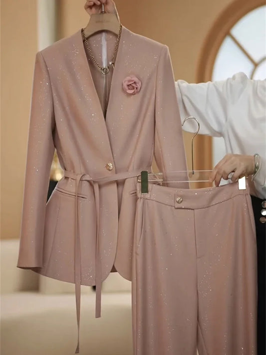 Maxy Spring new fashionable suit set feminine temperament professional commute sequined suit wide leg pants