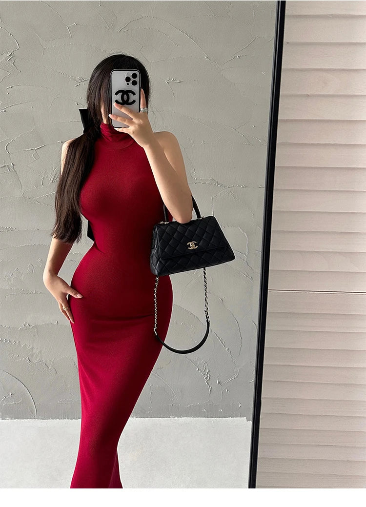 Maxy Red Fashion Sexy Turtleneck Midi Dress Women Party Club Ladies Bodycon Elastic Peach Hip Elegant Long Dresses for Woman