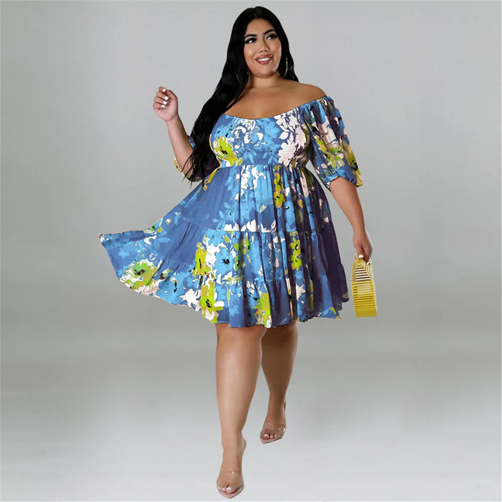 Maxy Plus Size Summer Dresses Women's Clothing Flower Printed One Shoulder Elegant Mini Dress Hot Sale