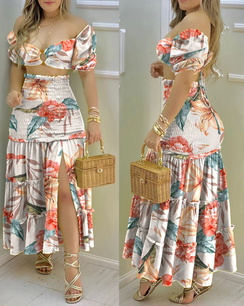 Summer Fashion Holiday Floral Print O Neck Crop Top Shirr +Slit High Waist Women Maxi Skirt Sets 2022 Female Fashion New