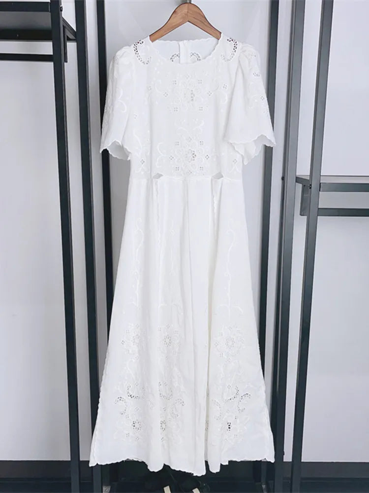 Momsey 2024 Spring Summer Women Dress Embroidery Hollow out White or Black Short Sleeve Female O-neck Midi Robe