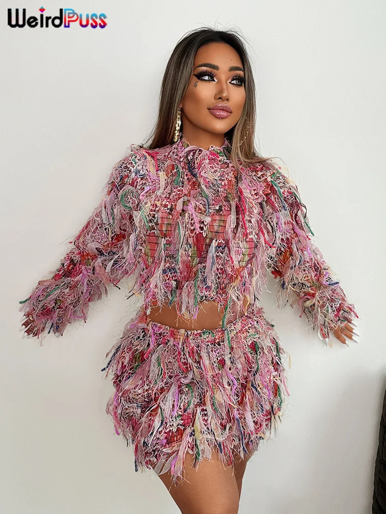 Weird Puss Sexy Crochet 2 Piece Set Women Y2K Colorful Tassel Long Sleeve Crop Tops+Peach Hip Skirts Midnight Matching Clubwear