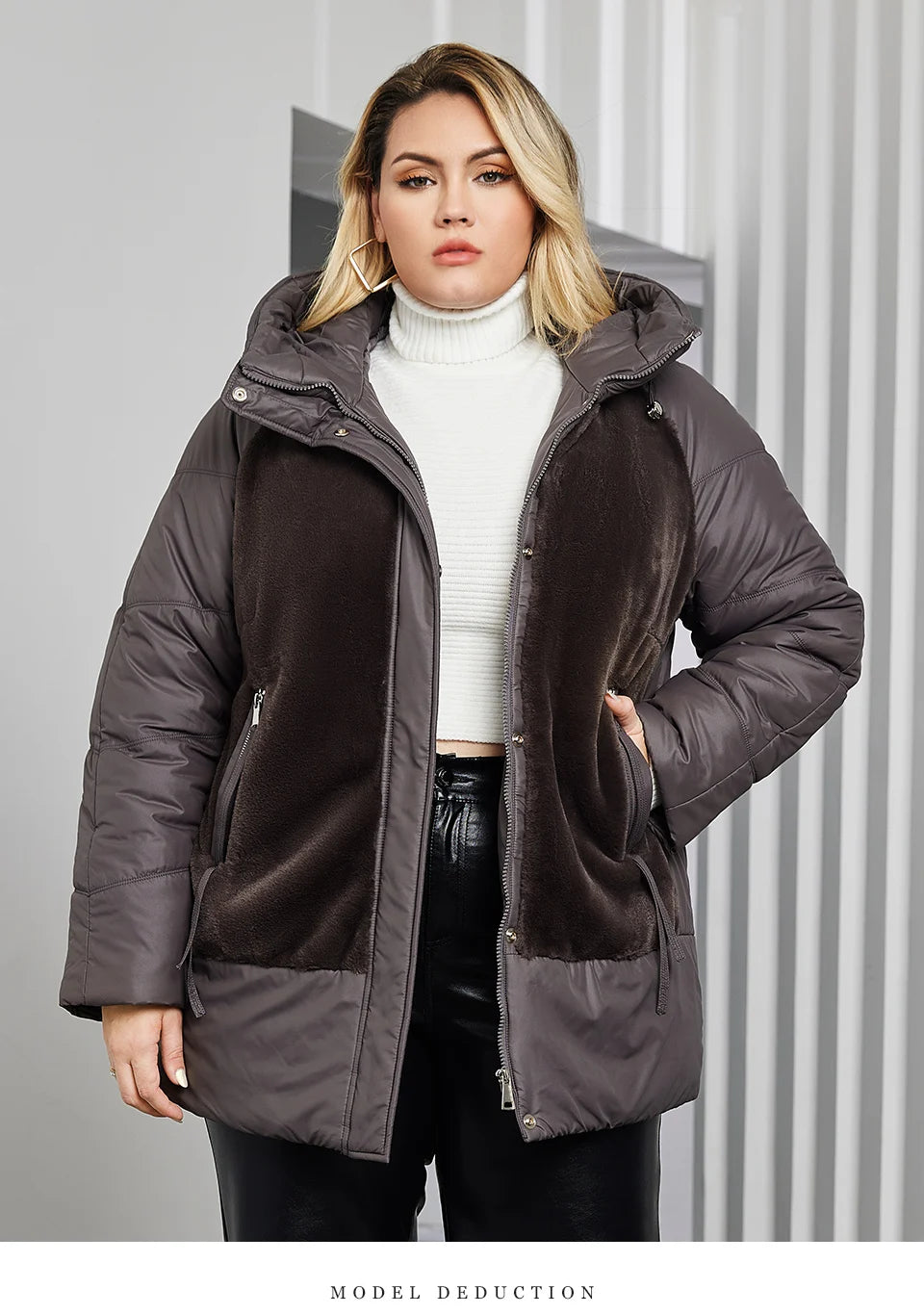 GACY Plus Size Winter Jacket Women Faux Fur Stitching High Quality Wool Warm Fashion Women's Parka Female Plush Coat Hooded