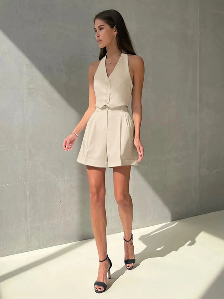 Maxy Spring Summer Women Office Shorts Suit Set Solid Khaki Sleeveless Halter Outfit 2 Piece Matching Sets For Women