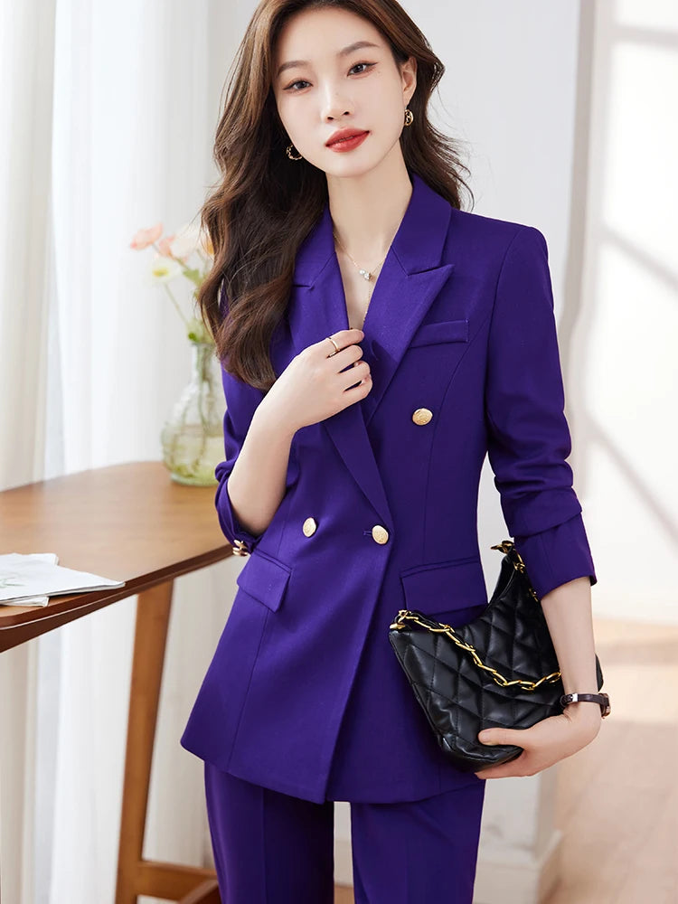 Maxy Gray Black Blue White Women's Pant Suit Long Sleeve Solid Ladies Blazer and Trouser Formal 2 Piece Set For Autumn Winter
