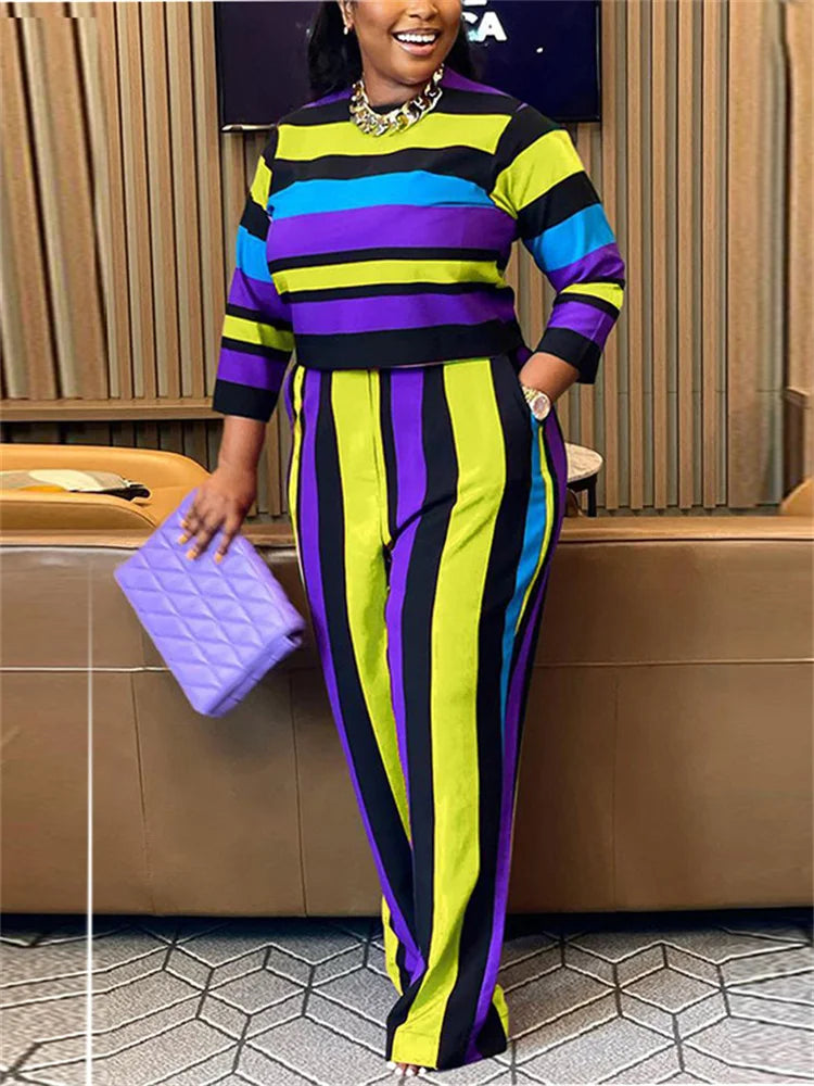 Maxy Plus Size Two Piece Women Clothing Long Sleeve Crop Top and Pants Sets Striped Matching Sets