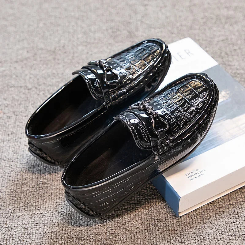 Visco Boys Leather Shoes Round-toe Flat Soft Kids Fashion Casual Loafers Glossy Metal Buckle Children Moccasins Non-slip Britain Style