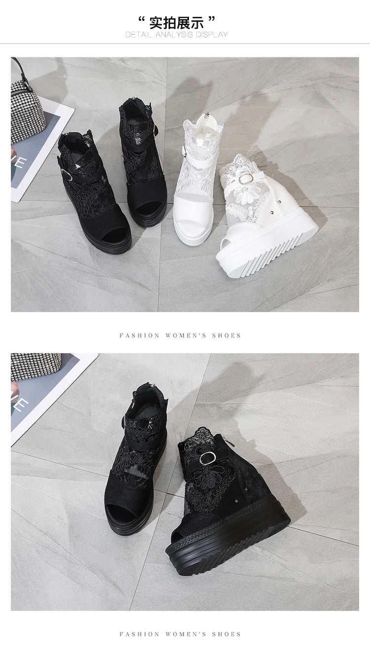 Summer Crystals Buckle Platform Sandals Women Cool ZIP Boots 10cm Wedges Heel Height Increasing Peep Toe Lace breathable Shoes