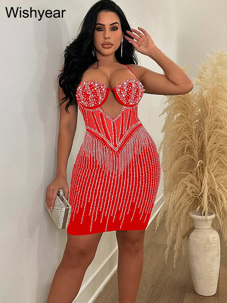 Babs Elegant Evening Birthday Party Dresses for Women Halter Neck Diamonds Rhinestones Prom Club Bodycon dress