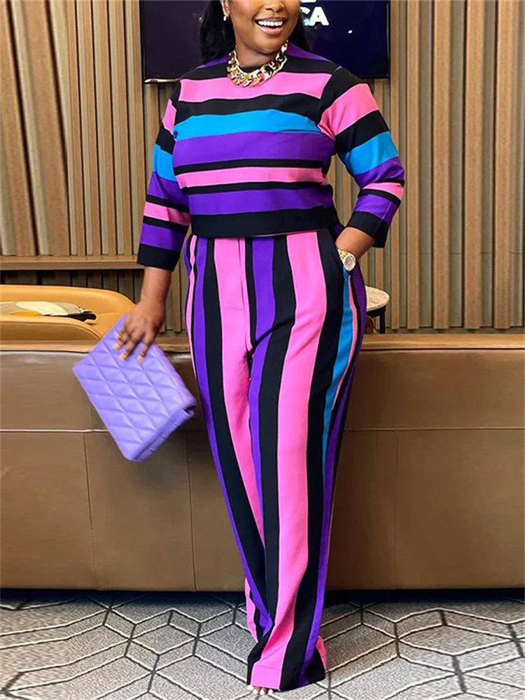 Maxy Plus Size Two Piece Women Clothing Long Sleeve Crop Top and Pants Sets Striped Matching Sets