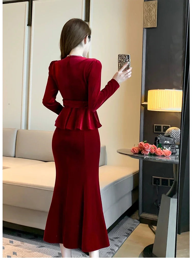 Babs Winter Red Velvet Chic Ruffled Bandage Long Dress Women Elegant Luxury Festival Dress Gown Korean Elegant Prom Dress